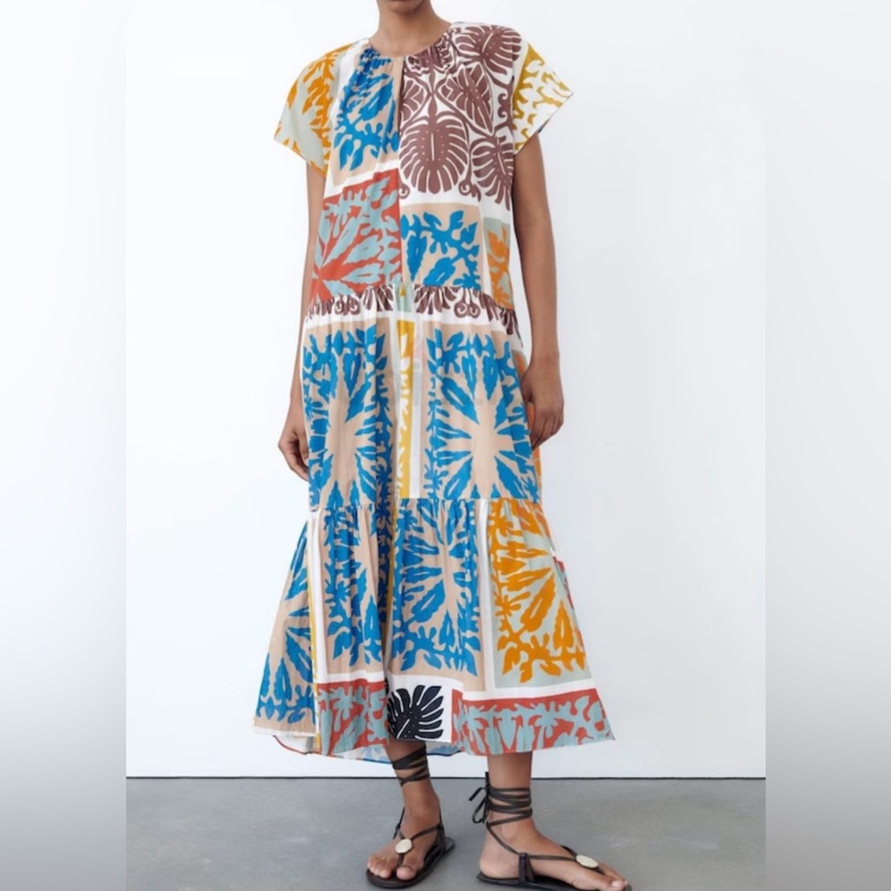 Zara Multicolor Printed Tiered Midi Dress